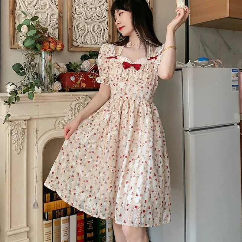 jinran French Vintage Princess Dress Women Sweet Floral Print Fairy Party Dress Korean Bow Beach Holiday Elegant Dresses for Women 2024