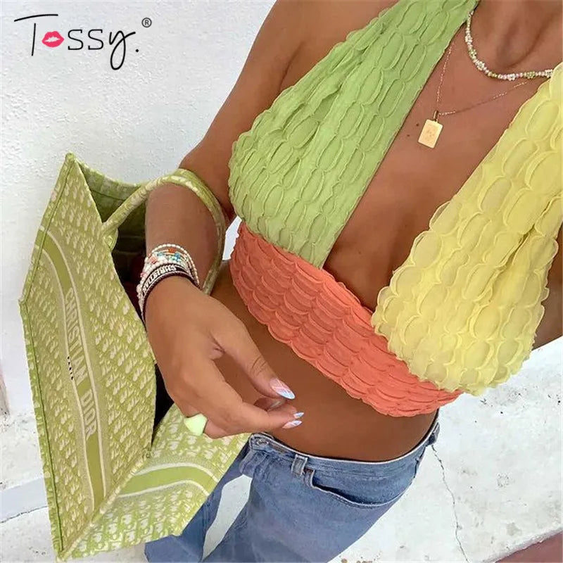 jinran Summer New Halter Contrast Color Tops New Women Sexy Backless Y2K Fashion Top Camis Cropped Tops Party Club Wear Camisole