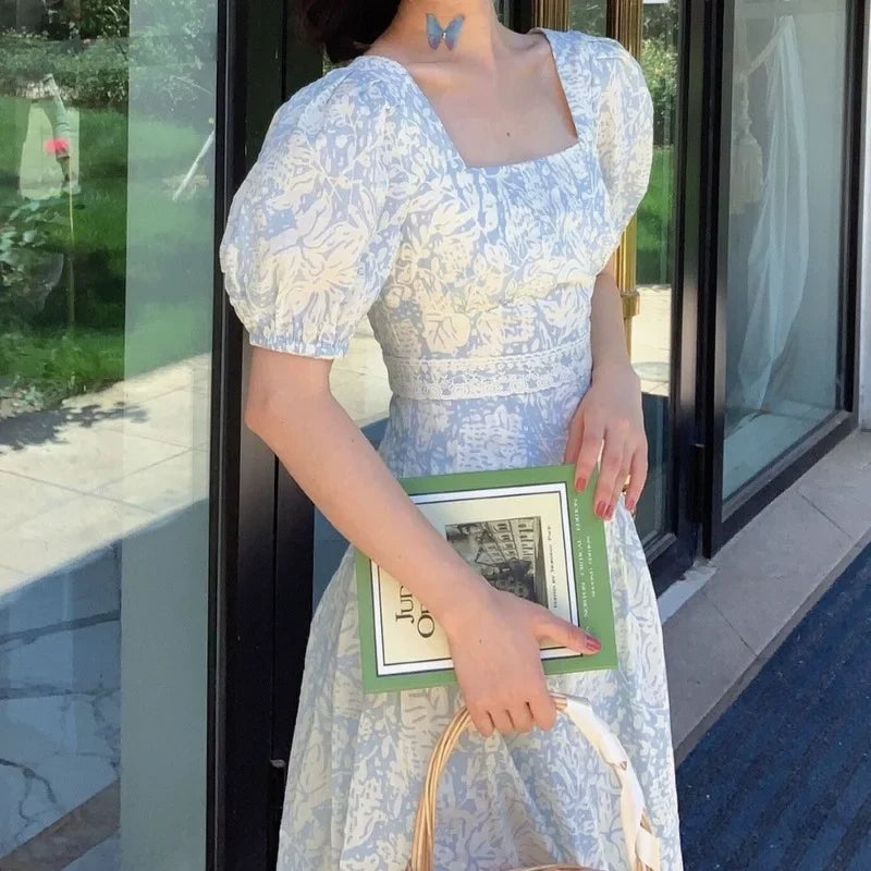 jinran French Vintage Floral Dress Women Square Collar Design Slim Party Dress Female Chiffon Puff Sleeve Wedding Party Midi Dress 2024
