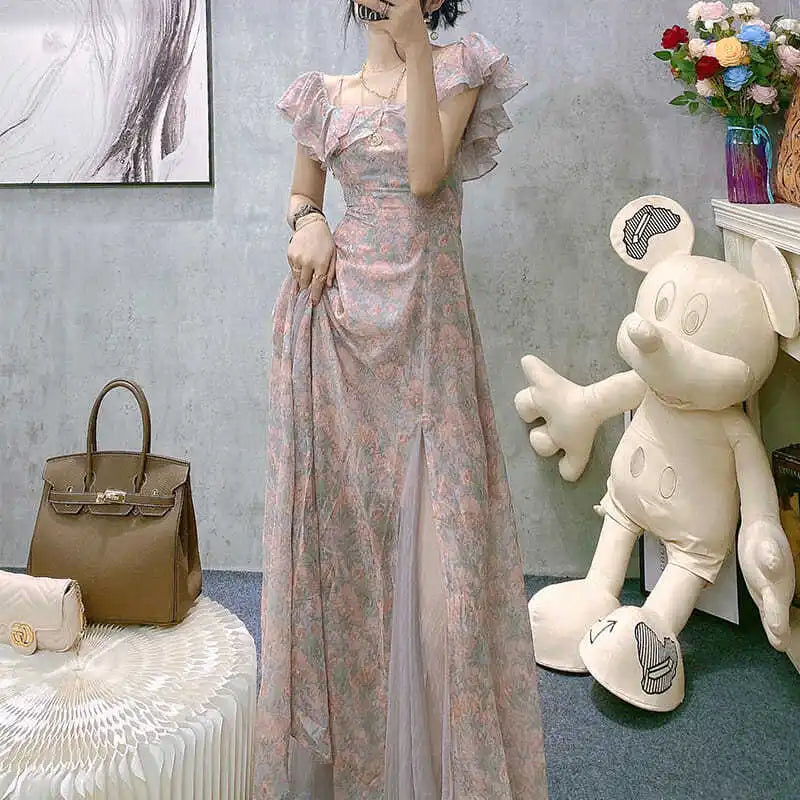 jinran Vintage Chiffon Midi Dress Women Floral Print Design Korean Party Split Dress Female Summer Evening Beach Boho Dress 2024 Casual