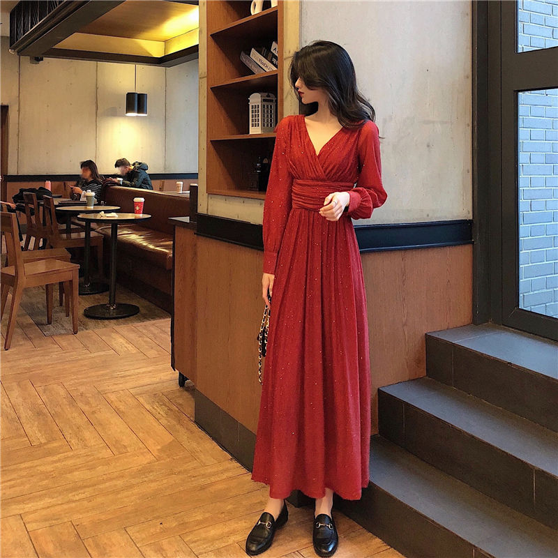 jinran Vintage Sexy Maxi Dresses for Women Party Sequin Midi Dress Female Casual Chiffon Slim Korean Woman Dress Elegant Autumn