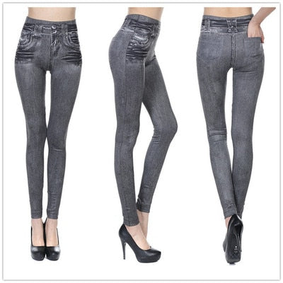 jinran Women Leggings Fashion Faux Denim Jeans Leggings Sexy Long Pocket Printing Leggins Summer Casual Pencil Pants