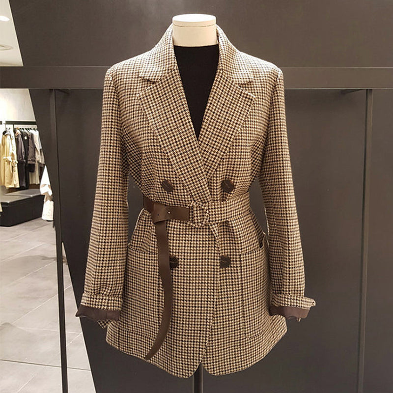 jinran Vintage Houndstooth Jacket Blazer Women Plaid Lady Suit Jacket with Belt Long Sleeve Female Tailored Coat Street Wear New