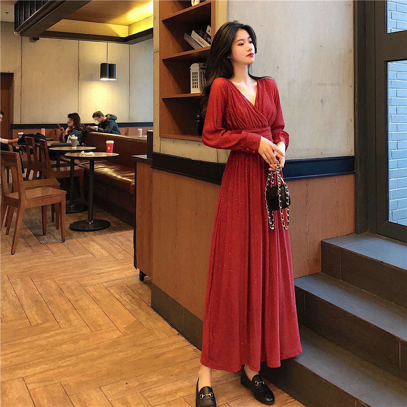 jinran Vintage Sexy Maxi Dresses for Women Party Sequin Midi Dress Female Casual Chiffon Slim Korean Woman Dress Elegant Autumn
