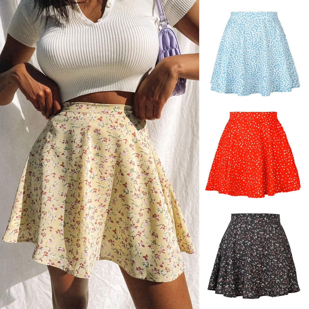 jinran Summer Women Skirt Harajuku new 2023 ladies floral zipper printed chiffon tall waist umbrella skirt Women Sweet Elegant WSL4427