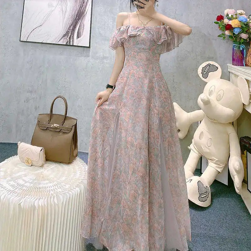 jinran Vintage Chiffon Midi Dress Women Floral Print Design Korean Party Split Dress Female Summer Evening Beach Boho Dress 2024 Casual