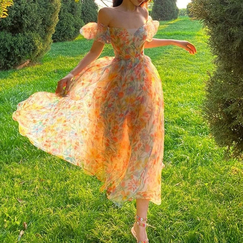 jinran Summer Floral Design Elegant Midi Dresses Women Office Lady One Piece Dress Korean Short Sleeve Vintage Beach Strap Dress 2024