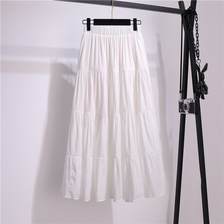 jinran Summer Stitching Cotton and Linen Skirt Elegant Elastic High Waist Ruffles Pleated All-match A Line Skirt Casual Beach Holiday