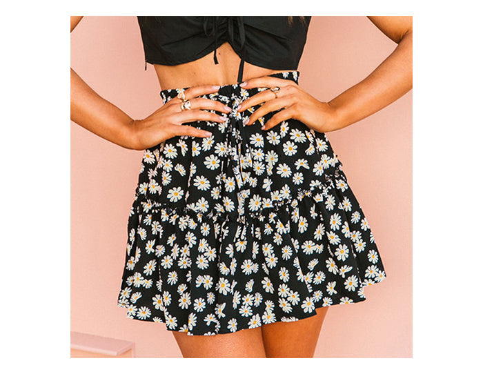 jinran Summer Boho Floral Print Mini Skirt Women Elegant Ruffles Short Skirts Elastics Waist Lace Up A-Line Skirts