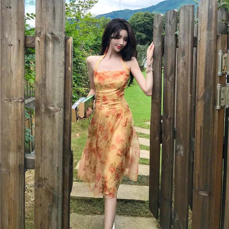 jinran French Vintage Dress Women Elegant Backless Floral Halter Neck Midi Dress Summer Chiffon Holiday Beach Dresses for Women 2024