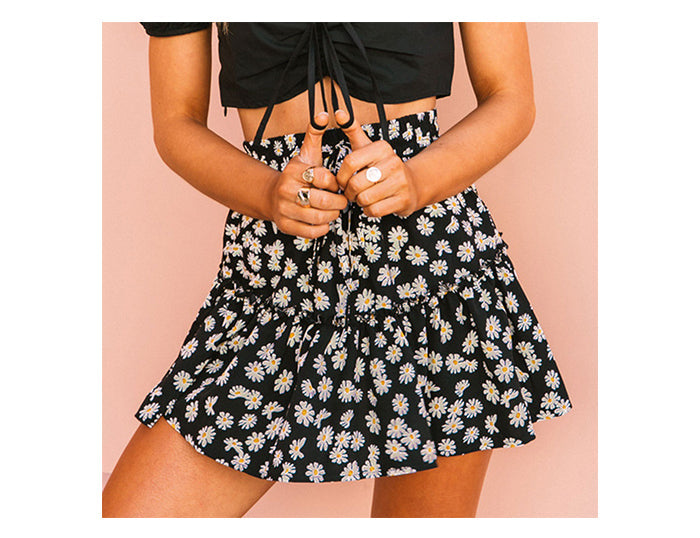 jinran Summer Boho Floral Print Mini Skirt Women Elegant Ruffles Short Skirts Elastics Waist Lace Up A-Line Skirts