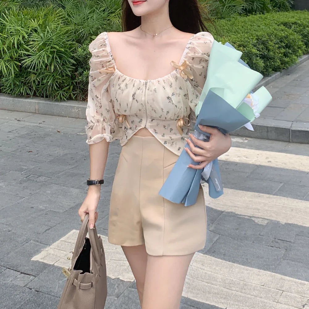 jinran Puff Sleeve Floral Chiffon Blouses Women Summer Short Korean Design Fairy Shirts Tops Casual Chic Evening Party Y2k Clothes 2024