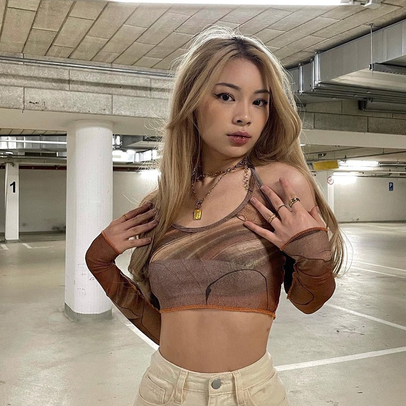 jinran Printed Brown Corset Top Vintage Crop Top y2k Grunge Kawaii With Glove Fashion Sweats Women Summer Camis Korean Style