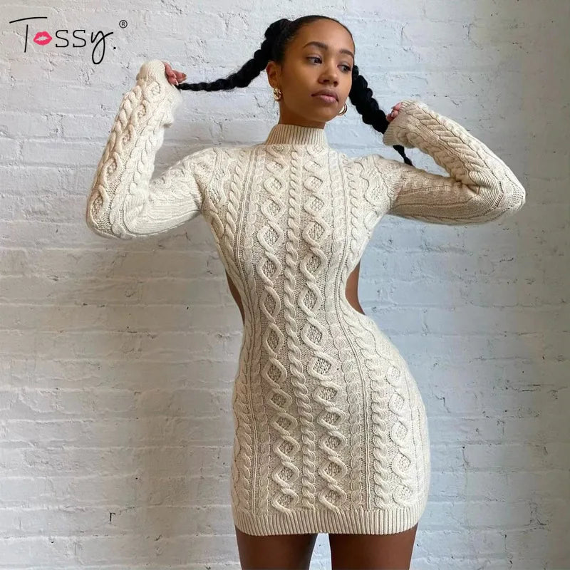 jinran Backless knitted Dress Long Sleeve Women Autumn Knitwear Mini Dress Sexy High Street Slim Bodycon Dresses 2024