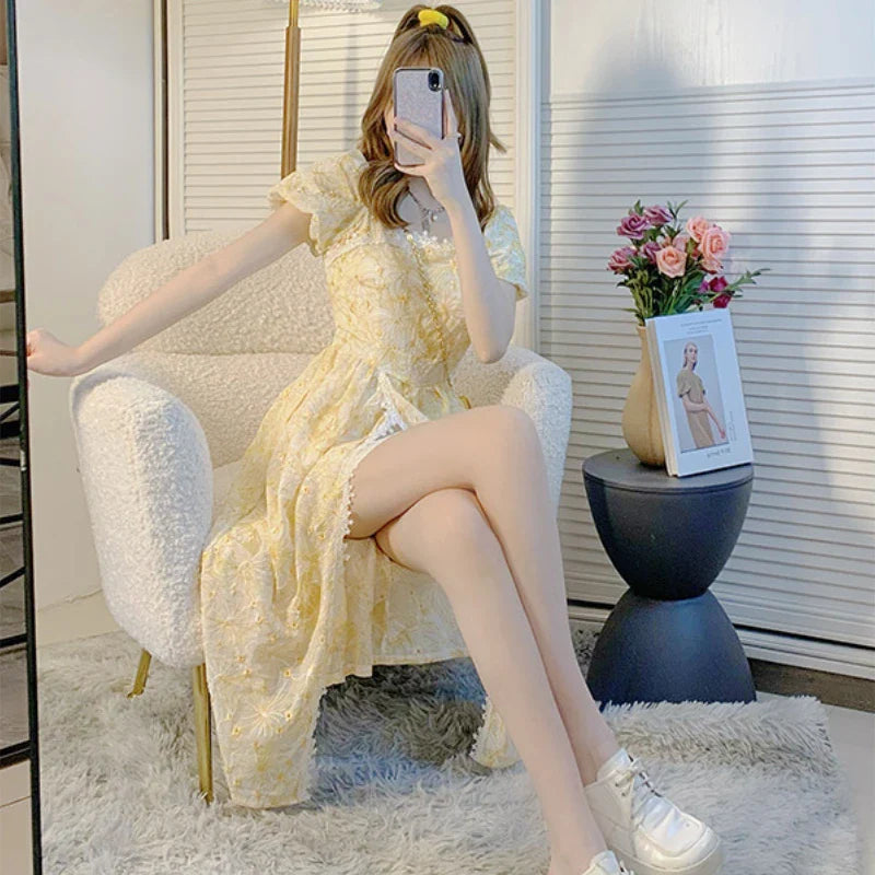 jinran Lace Vintage Fairy Dress Women Yellow Floral Print French Sweet Dress 2024 Summer Holiday Party Long Split Dress Female Korean