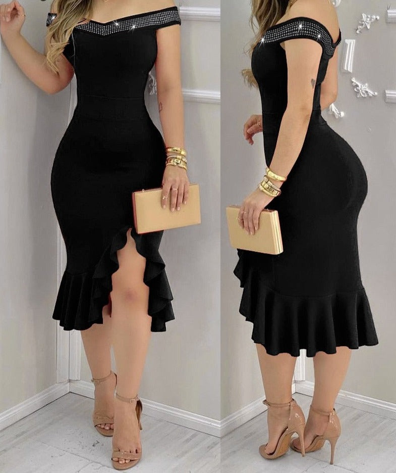 jinran Women Sexy Shiny Rhinestone Embellished Off Shoulder Bodycon Dress