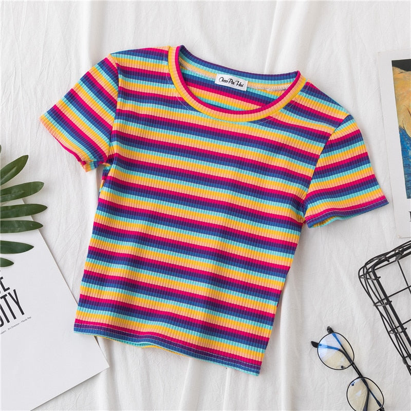 jinran New T Shirt Women Rainbow Striped Tops Slim Fit t shirt Harajuku Tshirt Summer Short Sleeve Korean T-shirt feminina Clothes Tops