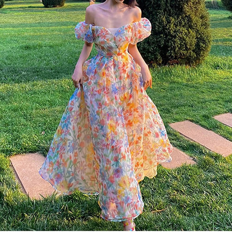 jinran Summer Floral Design Elegant Midi Dresses Women Office Lady One Piece Dress Korean Short Sleeve Vintage Beach Strap Dress 2024