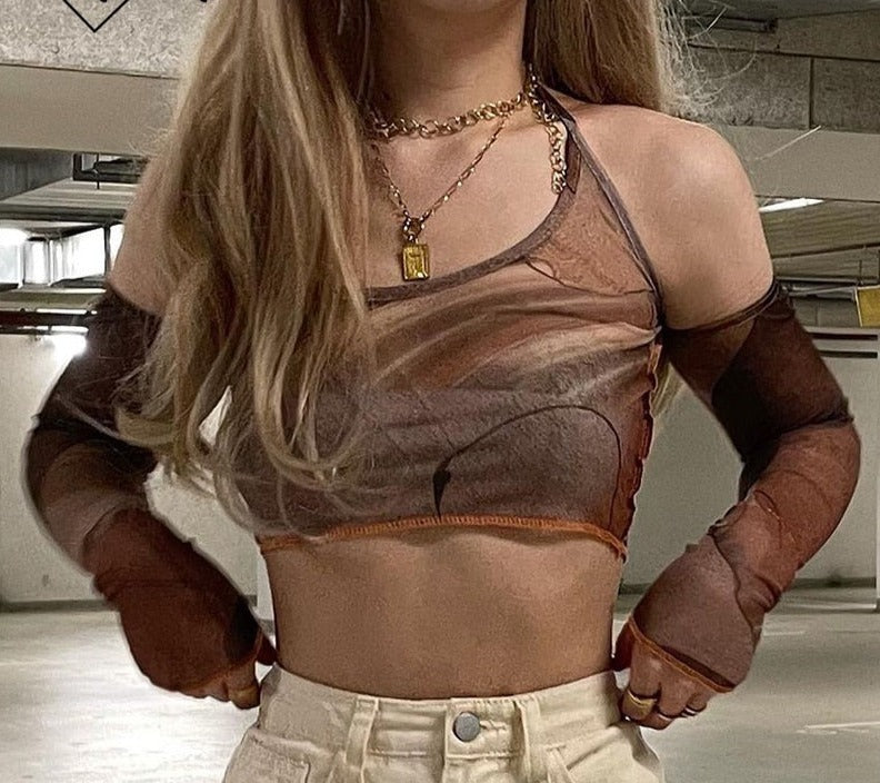 jinran Printed Brown Corset Top Vintage Crop Top y2k Grunge Kawaii With Glove Fashion Sweats Women Summer Camis Korean Style