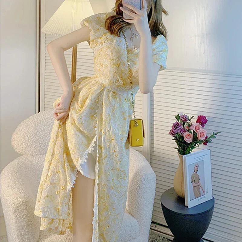 jinran Lace Vintage Fairy Dress Women Yellow Floral Print French Sweet Dress 2024 Summer Holiday Party Long Split Dress Female Korean