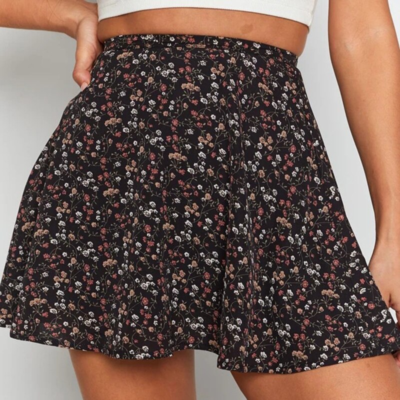 jinran Women Boho Floral Print High-waisted Skirt Casual Harajuku Mini Chiffon Skirts Beach Holiday Slim A Line Skirt Summer Light