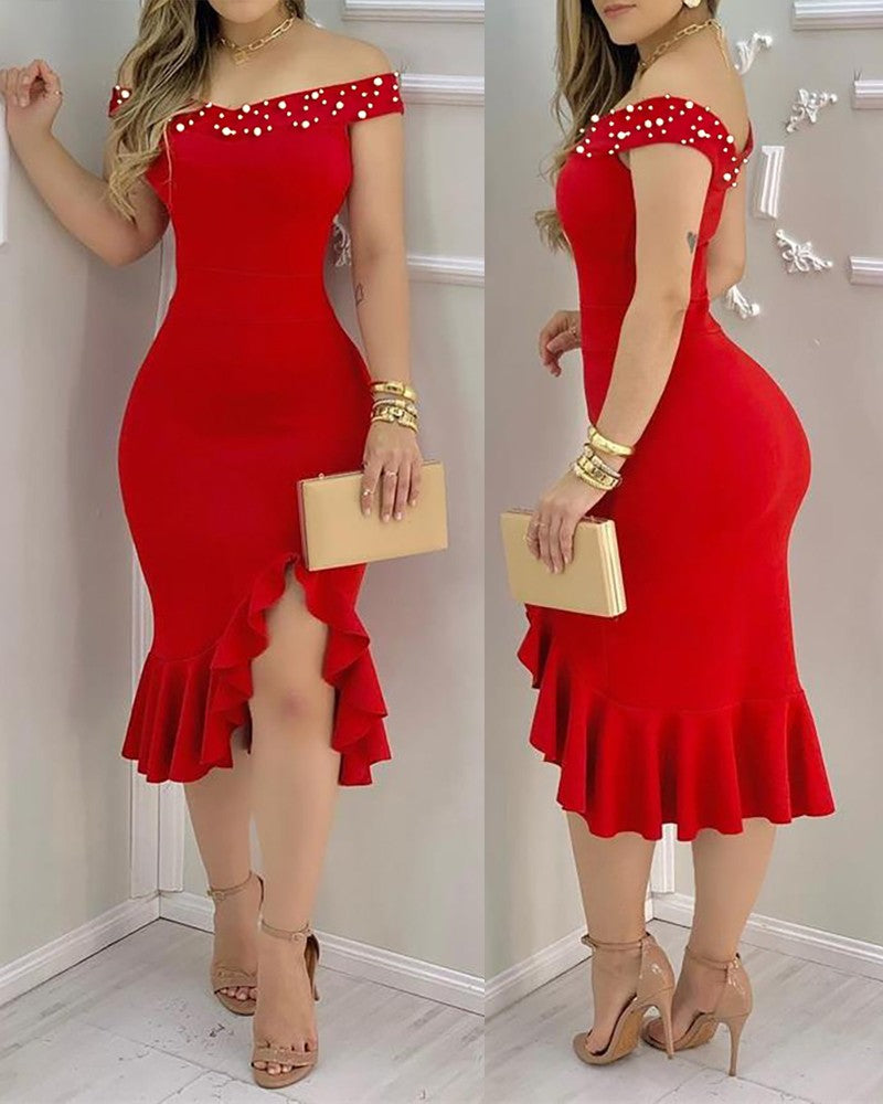 jinran Women Sexy Shiny Rhinestone Embellished Off Shoulder Bodycon Dress