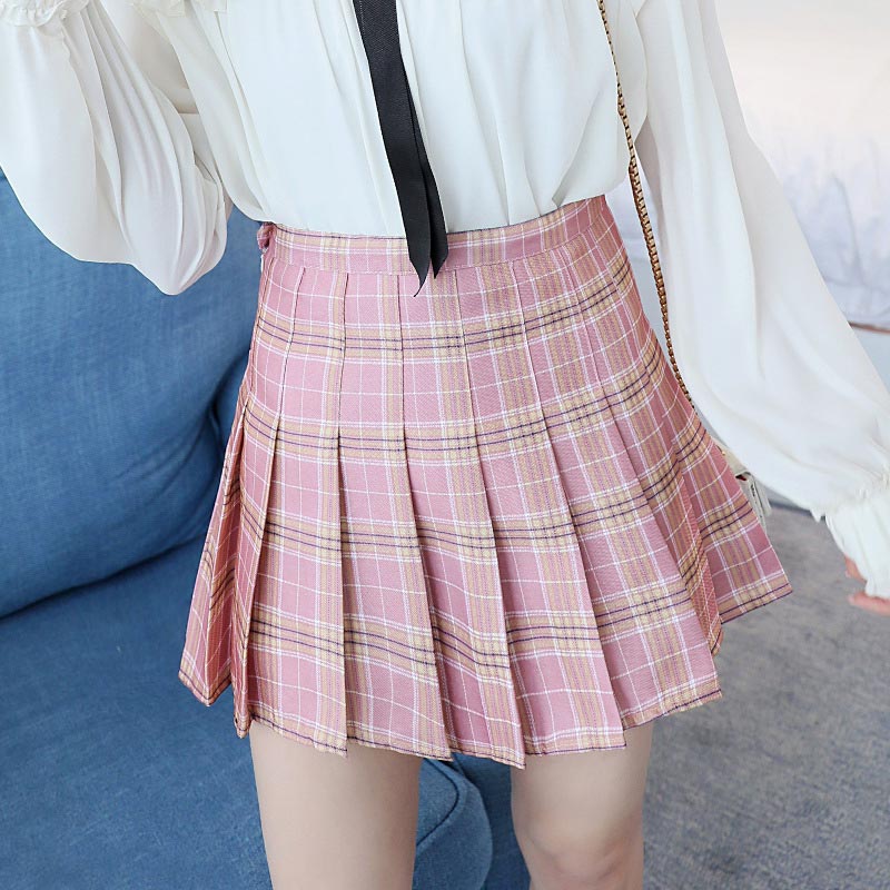 jinran Summer Women Plaid Skirt High Waist Chic Female Pleated Skirts Fashion Harajuku Ladies Mini Skirts Casual Cute Woman Short Skirt