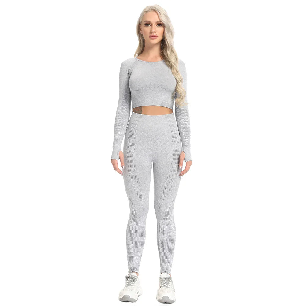 jinran Women New Seamless Yoga Set Gym Clothing Fitness Leggings+Cropped Shirts Sport Suit Women Long Sleeve Tracksuit Active Wear