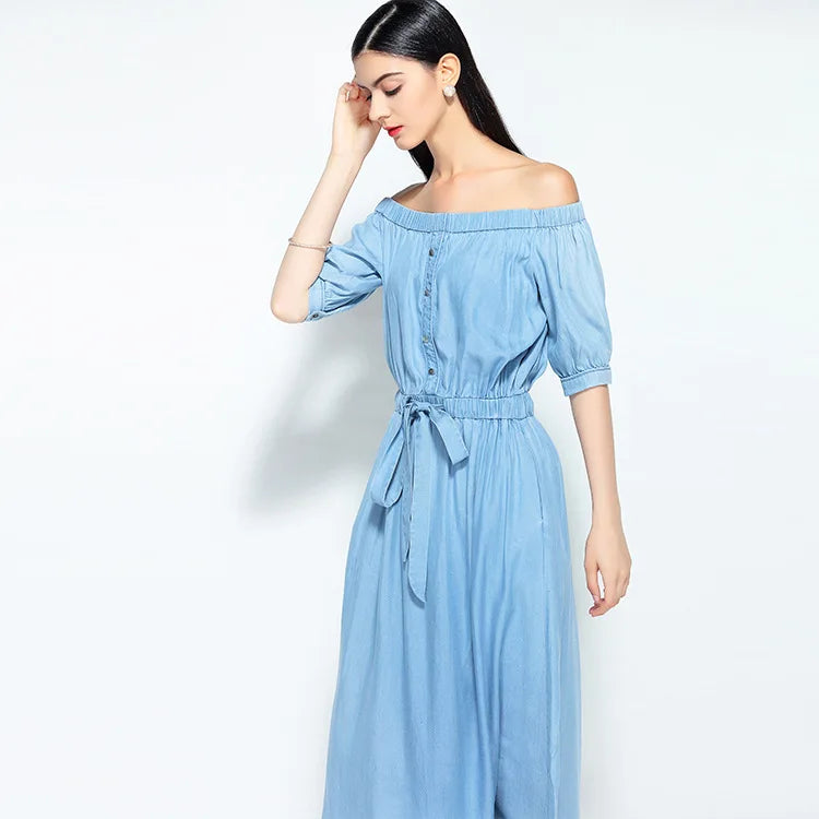 jinran 2024 new summer casual slim dress women elegant slash neck half sleeve denim dresses vestidos de verano women clothes 2019