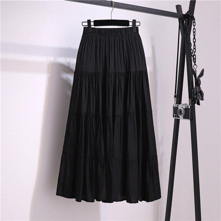 jinran Summer Stitching Cotton and Linen Skirt Elegant Elastic High Waist Ruffles Pleated All-match A Line Skirt Casual Beach Holiday