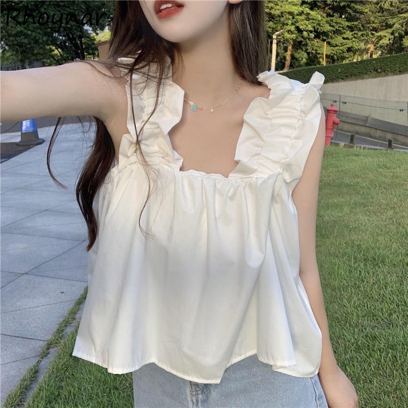 jinran Tanks Top Women Summer New Korean Style Design Solid Fashion Cropped Leisure Basic Loose Sweet Tender Aesthetic Fairy All-match