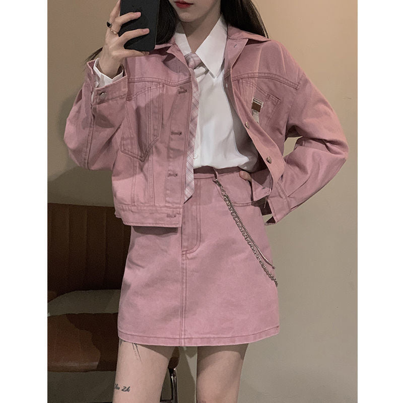 jinran Retro pink Women denim skirt two piece set summer Korean fashion new turn-down collar short jacket + mini skirt suit