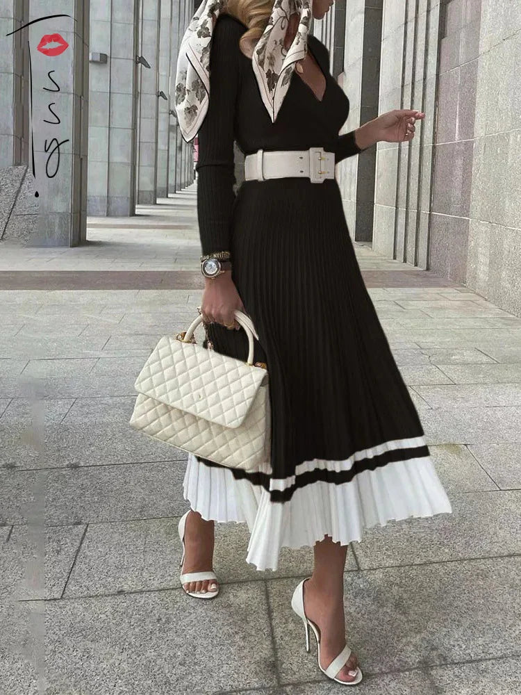 jinran Women Ribbed V-neck Fold Knitted Max Dress Ladies Skinny Sexy A-line Dresses Two Color Patchwork Elegant Chic Vestidos