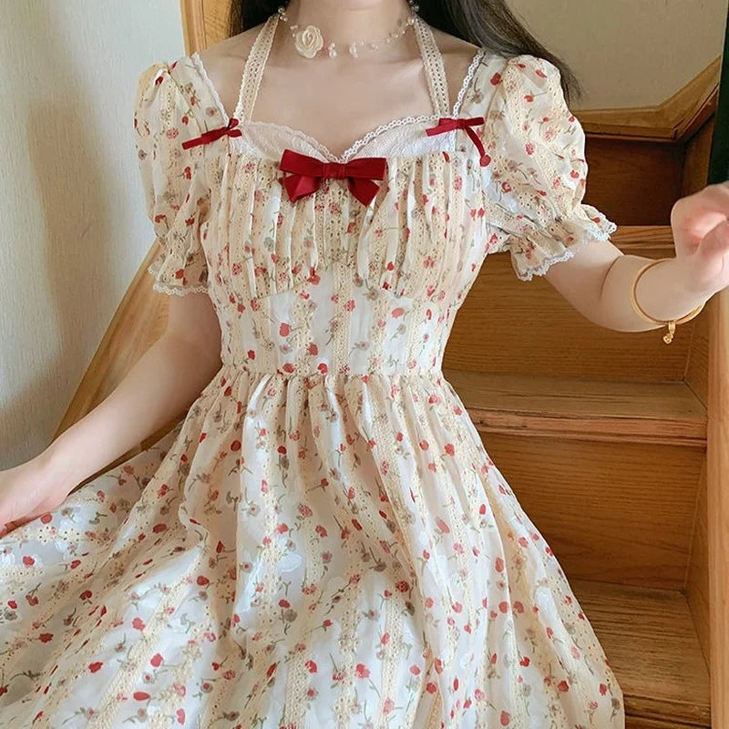 jinran French Vintage Princess Dress Women Sweet Floral Print Fairy Party Dress Korean Bow Beach Holiday Elegant Dresses for Women 2024