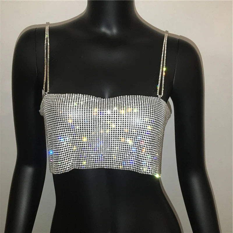 jinran Women Summer Shiny Crystal Chain Tank Top Silver Metal Mesh Halter Metallic Strap Crop Tops Vest Party Clubwear Outfits
