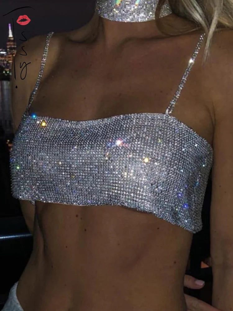 jinran Women Summer Shiny Crystal Chain Tank Top Silver Metal Mesh Halter Metallic Strap Crop Tops Vest Party Clubwear Outfits