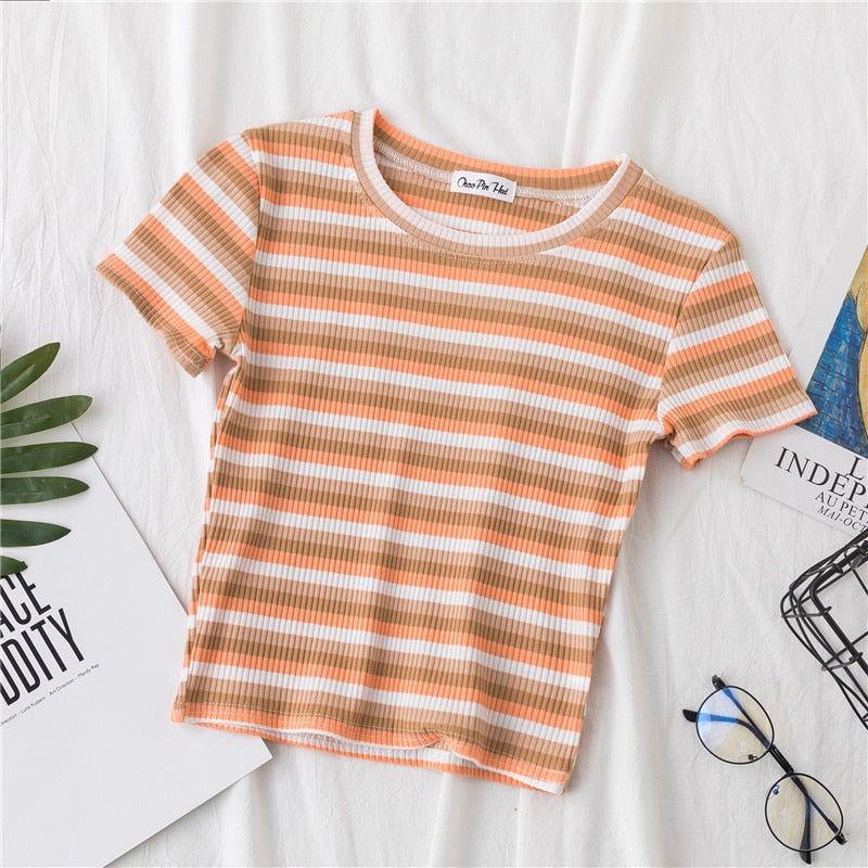 jinran New T Shirt Women Rainbow Striped Tops Slim Fit t shirt Harajuku Tshirt Summer Short Sleeve Korean T-shirt feminina Clothes Tops