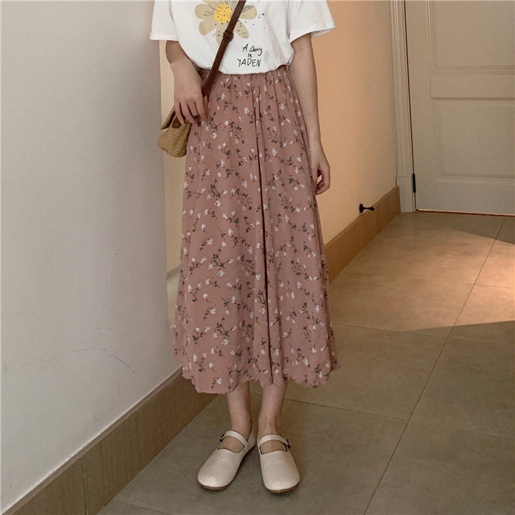 jinran Vintage Floral Print A-line Pleated Long Skirts Summer Women Korean Harajuku Skirt Streetwear Boho Elastic Waist Midi Skirt 2021