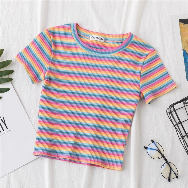 jinran New T Shirt Women Rainbow Striped Tops Slim Fit t shirt Harajuku Tshirt Summer Short Sleeve Korean T-shirt feminina Clothes Tops