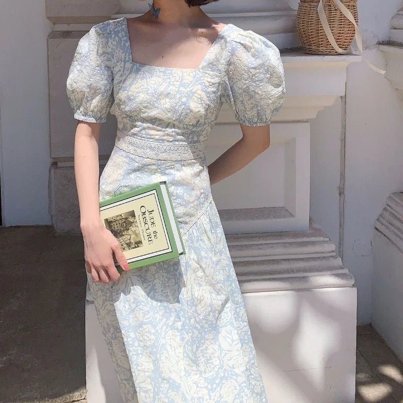 jinran French Vintage Floral Dress Women Square Collar Design Slim Party Dress Female Chiffon Puff Sleeve Wedding Party Midi Dress 2024