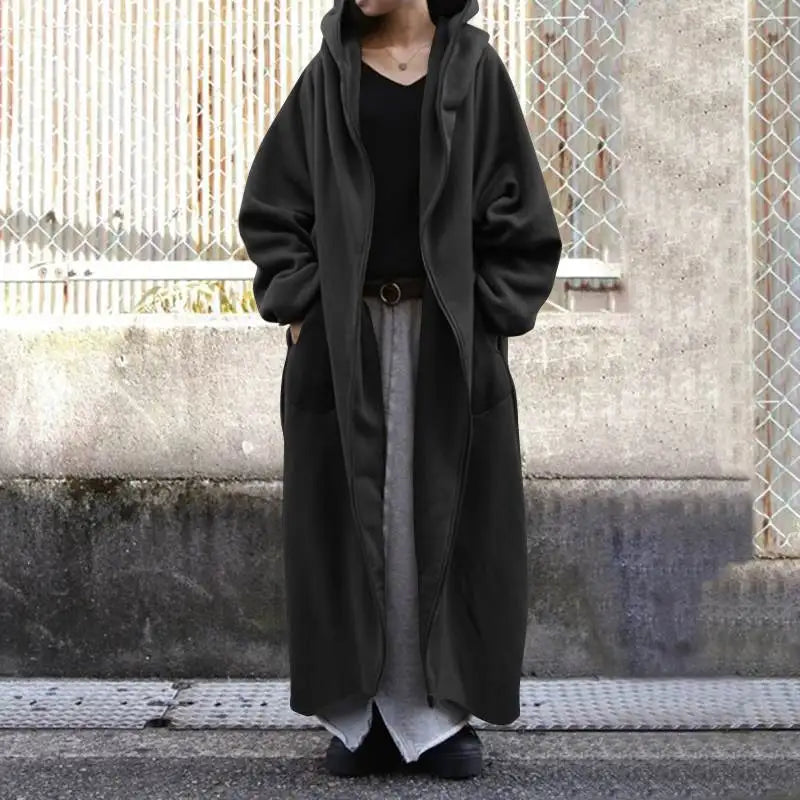 jinran 2024 Winter Fleece Outwear Autumn Hooded Long Coat Women Zipper Hoodies Long Sleeve Jackets Sweatshirt Robe Oversized
