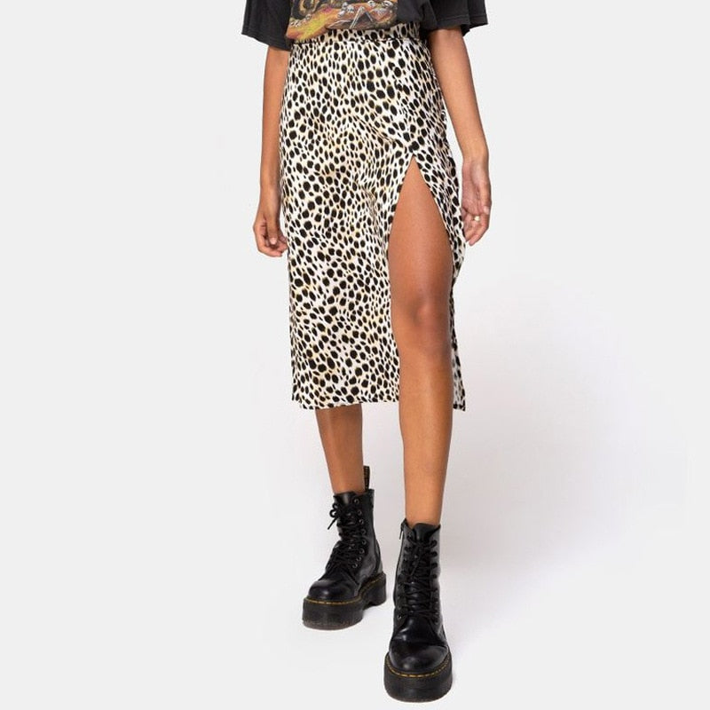 jinran Women Skirt Harajuku leopard flower printed package hip tall waist elastic Summer style mild calf a-line skirts Women XSK8110