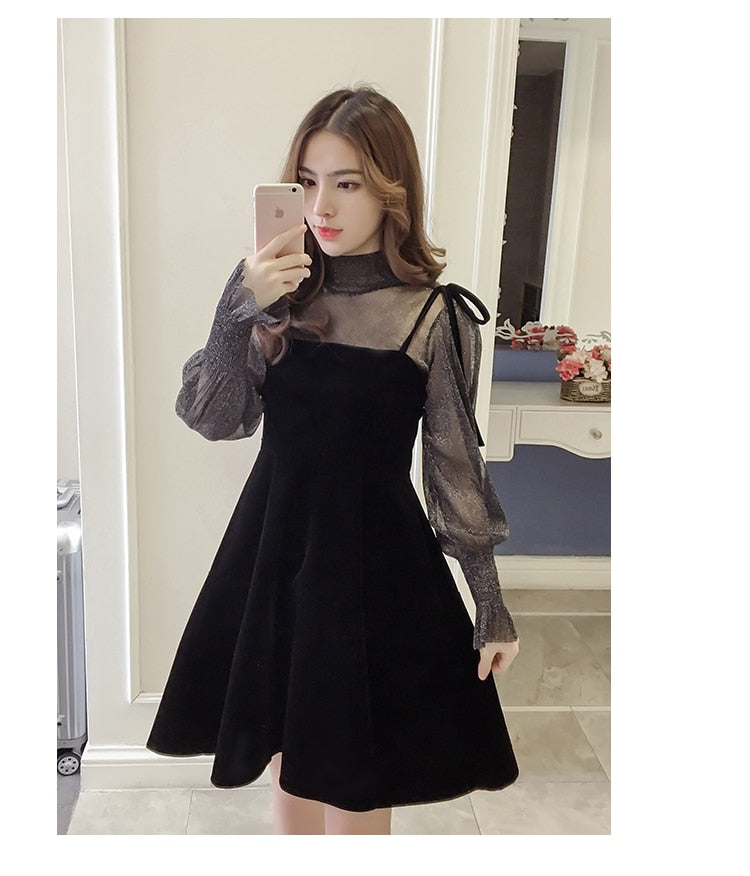 jinran Spring New Elegant Two Piece Dress for Women Women Winter Korean A-Line O-Neck Tops and Black Sundress Streetwear Dress Vestidos