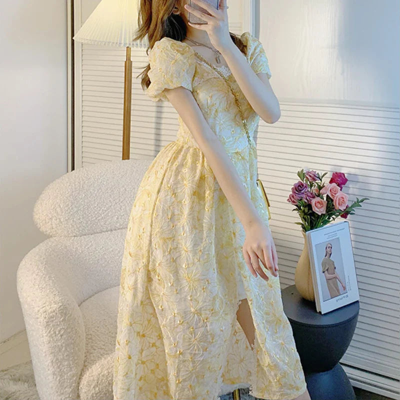 jinran Lace Vintage Fairy Dress Women Yellow Floral Print French Sweet Dress 2024 Summer Holiday Party Long Split Dress Female Korean