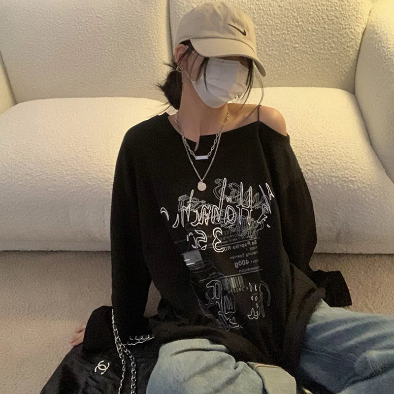 jinran Y2K T-shirt Fairy Grunge 2024 Vintage Letter Print Tops Black Autumn Off Shoulder Long Sleeved Korean Tees Loose Harajuku Shirt