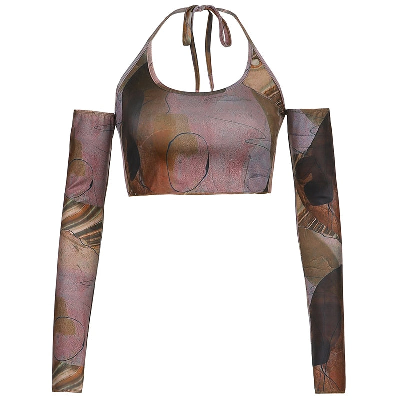 jinran Printed Brown Corset Top Vintage Crop Top y2k Grunge Kawaii With Glove Fashion Sweats Women Summer Camis Korean Style