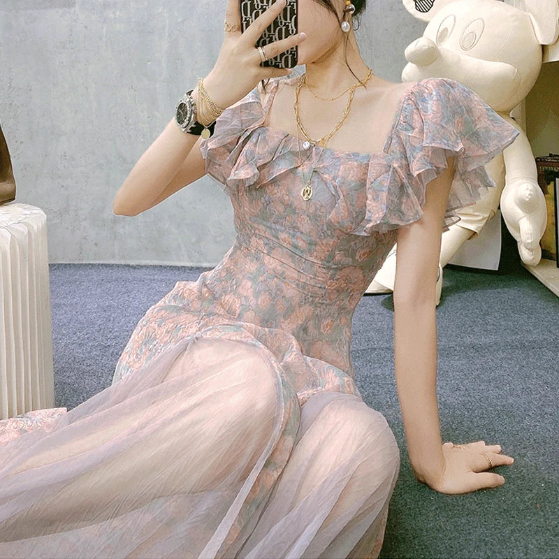 jinran Vintage Chiffon Midi Dress Women Floral Print Design Korean Party Split Dress Female Summer Evening Beach Boho Dress 2024 Casual