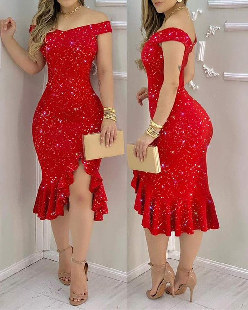jinran Women Sexy Shiny Rhinestone Embellished Off Shoulder Bodycon Dress
