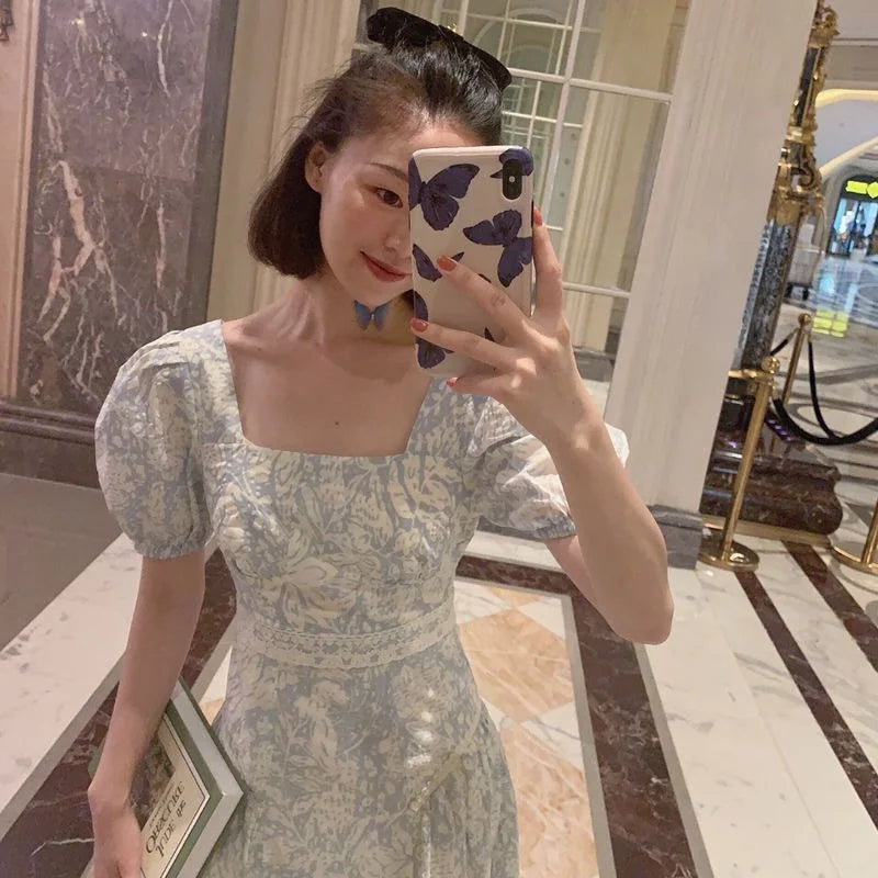 jinran French Vintage Floral Dress Women Square Collar Design Slim Party Dress Female Chiffon Puff Sleeve Wedding Party Midi Dress 2024