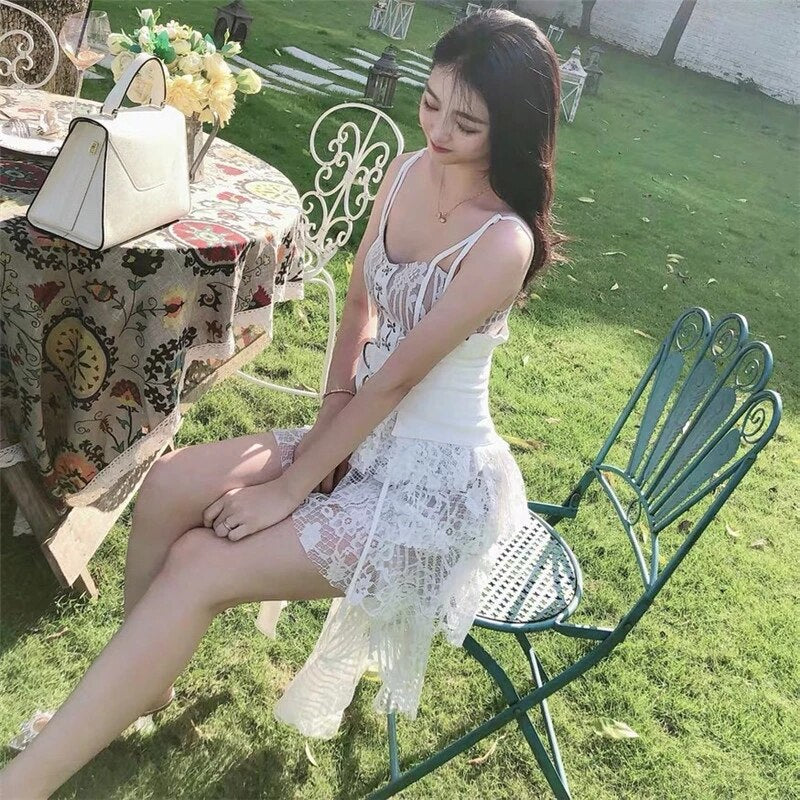 jinran New Women Summer Lace Dress Female Spaghetti Strap Irregular See Through Mini Dress Lady Club White Patchwork Runway Sexy Dress